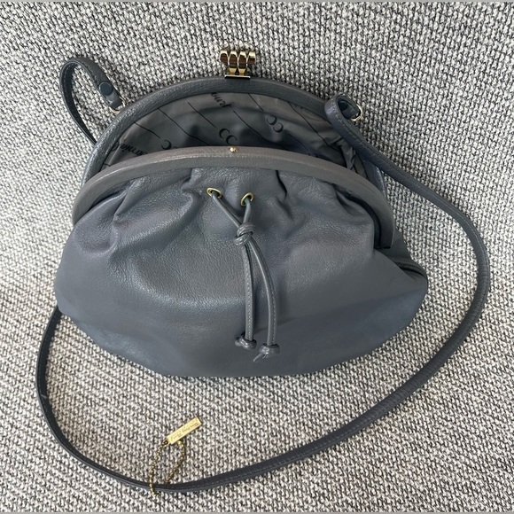 Genuine Leather Elegant Gray Crossbody Bag with Unique Shape and Drawstring - Picture 10 of 16